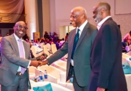 Director General, Nigerian Maritime Administration and Safety Agency, NIMASA, Dr. Dayo Mobereola (left) exchanging pleasantries with the Chairman/CEO Genesis Worldwide Shipping Company, Captain Iheanacho while SA-DG NIMASA, Administration and Operations, Olatunji Ahmed, looks on during the commemoration of the 2024 World Maritime Day in Lagos.