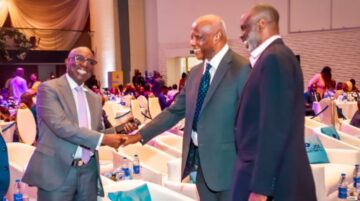 Director General, Nigerian Maritime Administration and Safety Agency, NIMASA, Dr. Dayo Mobereola (left) exchanging pleasantries with the Chairman/CEO Genesis Worldwide Shipping Company, Captain Iheanacho while SA-DG NIMASA, Administration and Operations, Olatunji Ahmed, looks on during the commemoration of the 2024 World Maritime Day in Lagos.